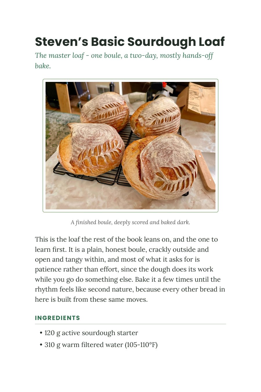Book page for Steven's Basic Sourdough Loaf with a photo of two deeply scored boules cooling on a wire rack
