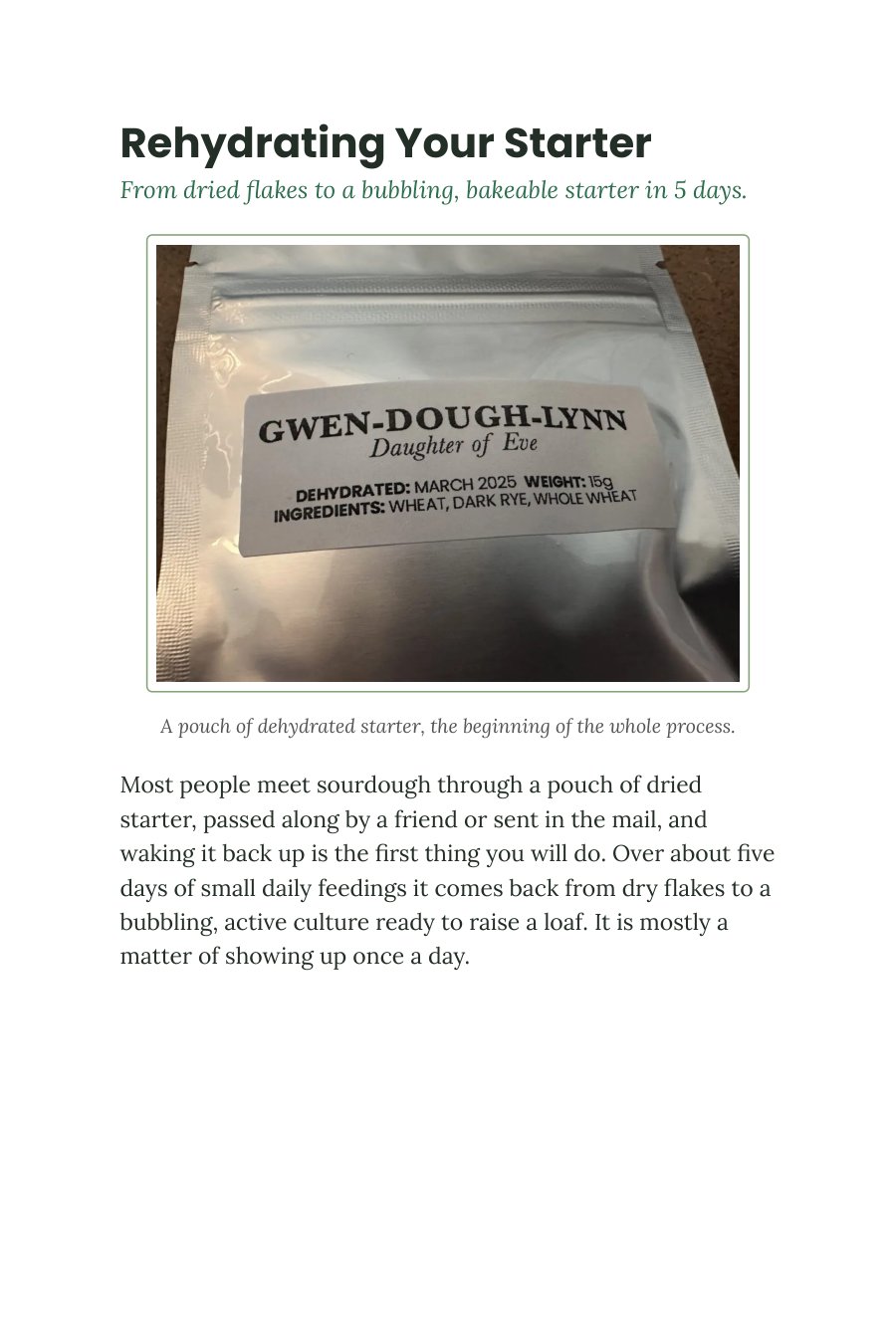 Book page for Rehydrating Your Starter with a photo of a labeled pouch of dehydrated sourdough starter